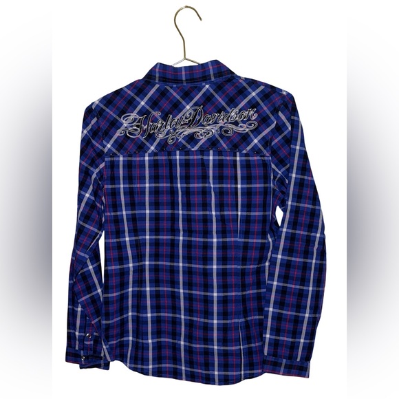 Harley-Davidson Woman Blue & Red Plaid Shirt Snap Buttons Size XS P2P 18” - Picture 2 of 5